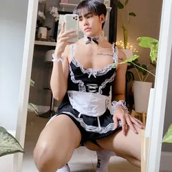 Male Plus Size Maid Cosplay Live Action Sex Lingerie Maid Lace Apron Pseudo Costume Gay Sissy Lingerie Uniform Housekeep Dress