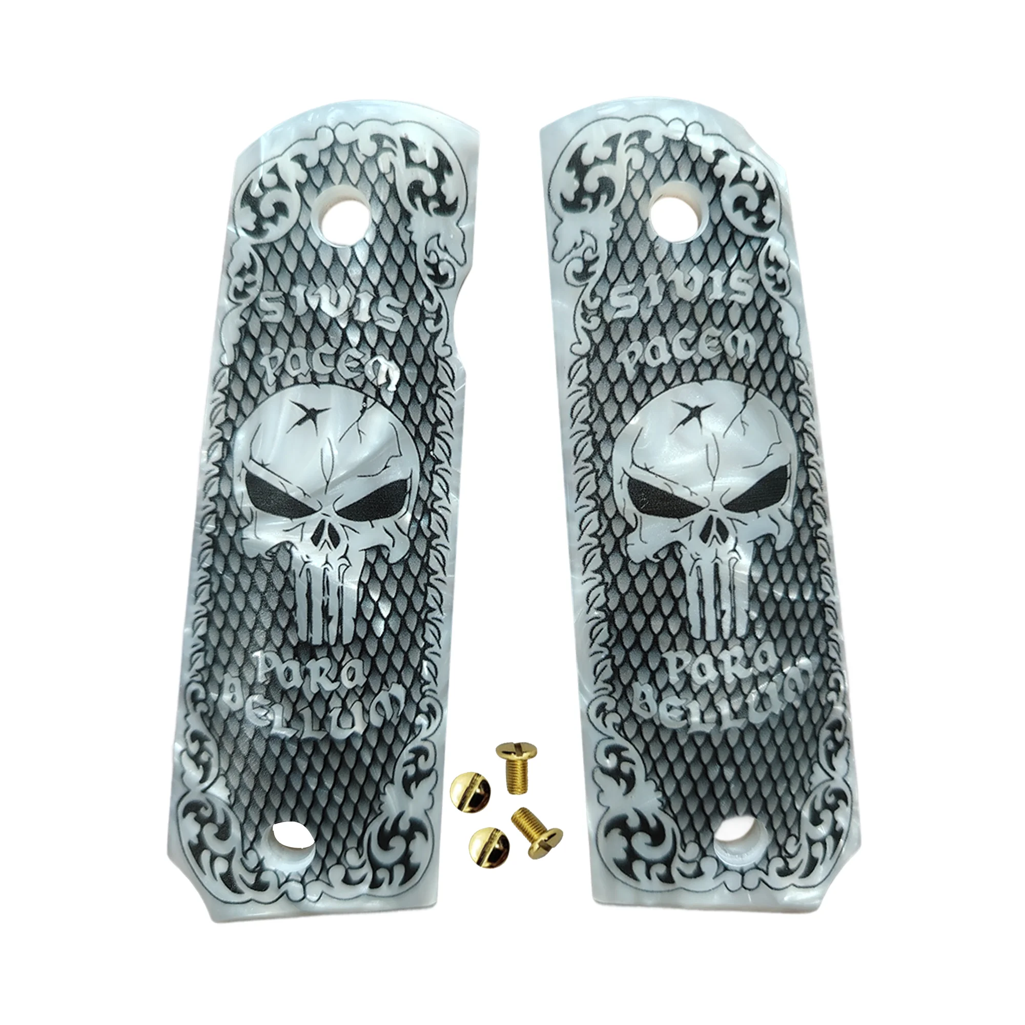 1911 Grips Full Size,White pearl with Punisher Skull,Fits Colt,Kimber,Springfield,Remington,Rock Island,Government Commander