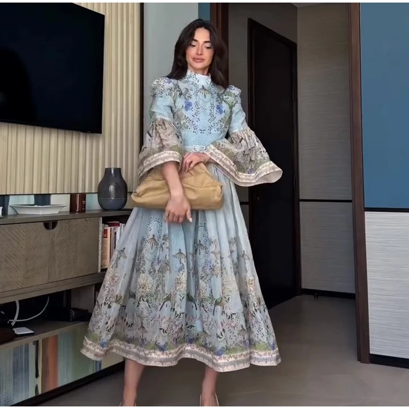 Printed Women's Maxi Dresses O-neck Big Swing Oversized Dress Irregular Hem Dresses Bohemian Female Robes Loose Partywear New