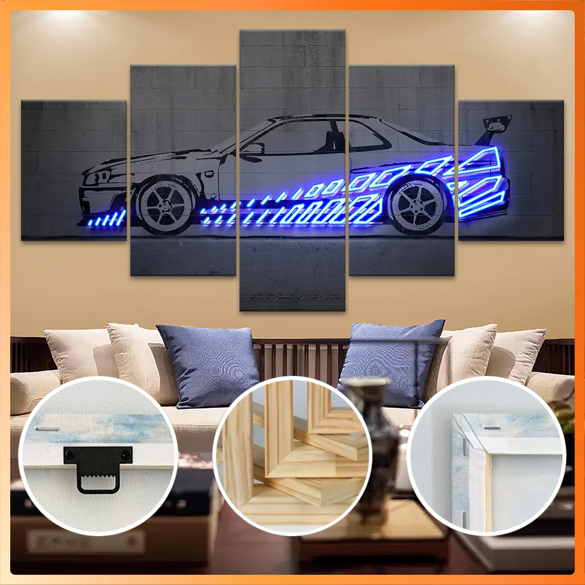 

5pcs Wooden Framed Canvas, Neon Blue Supercar, Fashion Poster, Art for Home Decoration, Pattern Wall Art