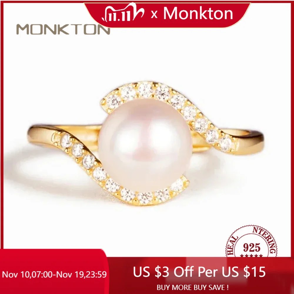 

Monkton 100% S925 Sterling Silver Pearl Wedding Rings for Women Unique Eye Rings Zirconia Engagement Party Jewelry Fine Gift