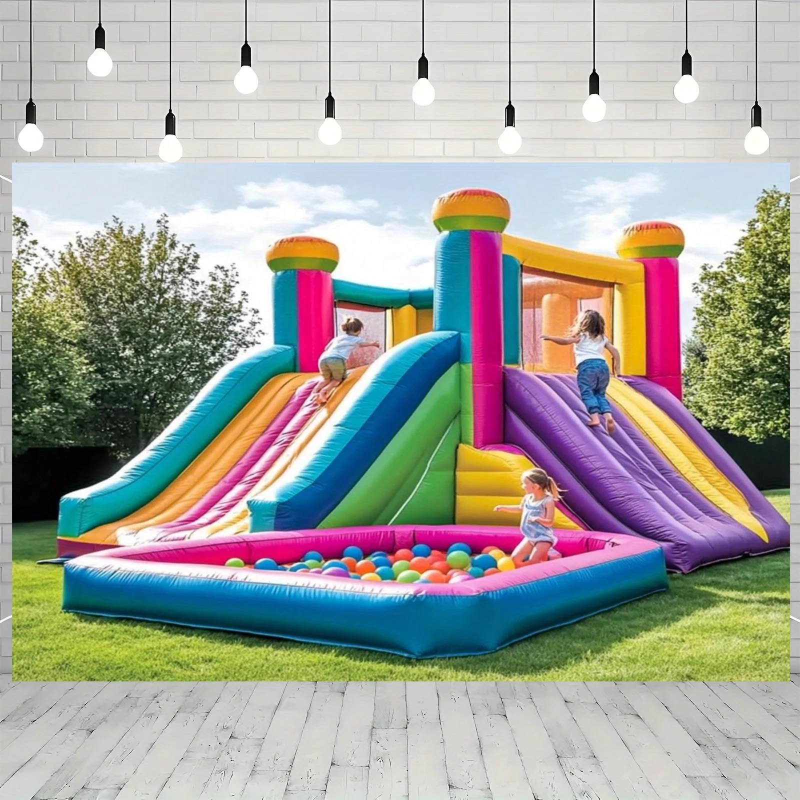 1 Stück lebhafte aufblasbare Spielplatz-Trampolin-Hintergrund-Stoffbanner – bunte Rutsche und Ballbecken-Szene, Geburtstagsfeier