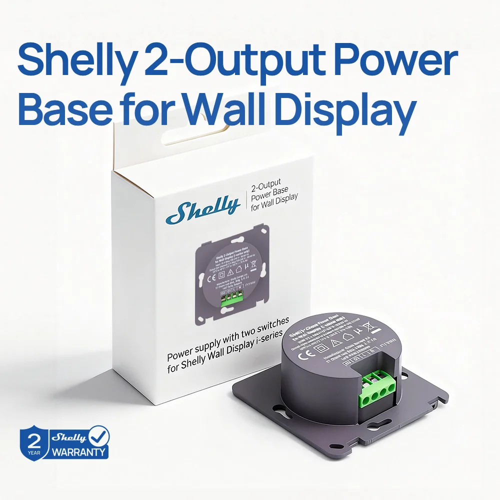 Shelly 2-Output Power Base for Wall Display A compact power base for Shelly Wall Display (i-series) that enables switching
