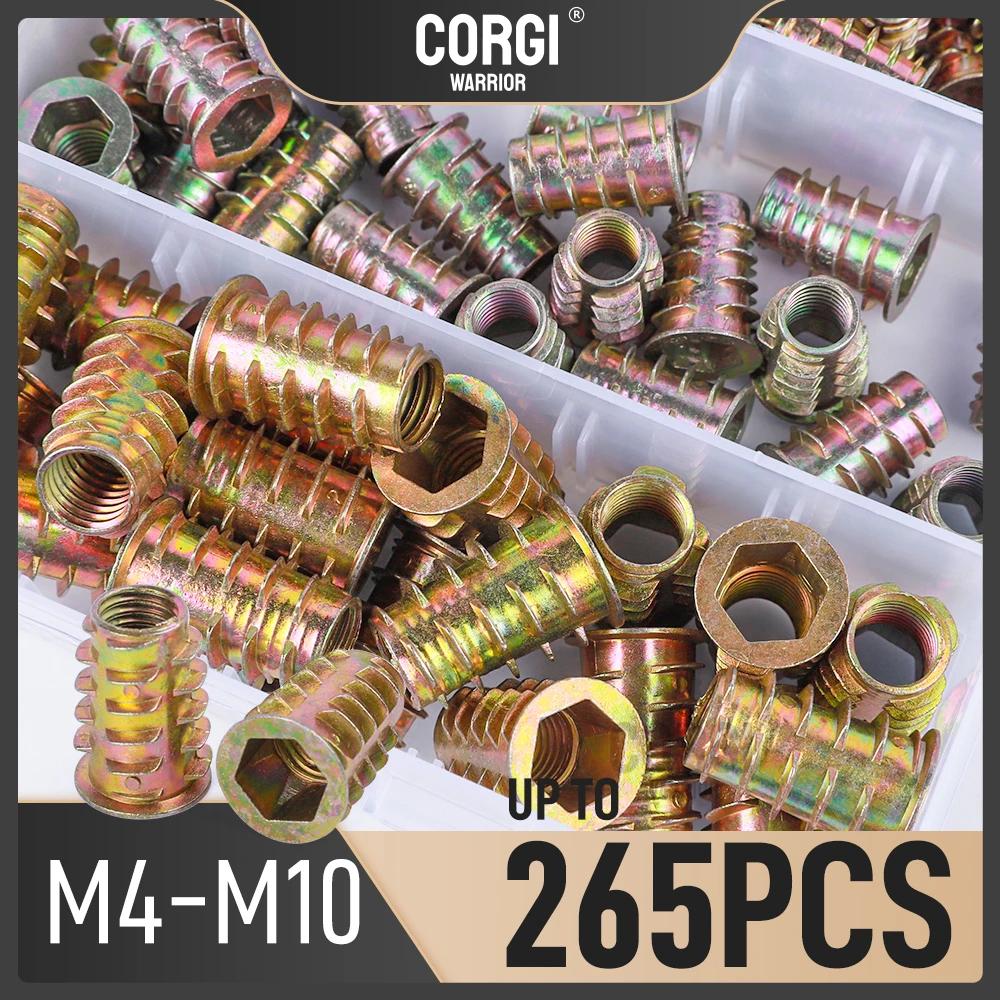 Kit d'assortiment d'écrous filetés à douille hexagonale en alliage de Zinc 70-265, M4 M5 M6 M8 M10, Inserts à vis à bride pour le travail du bois
