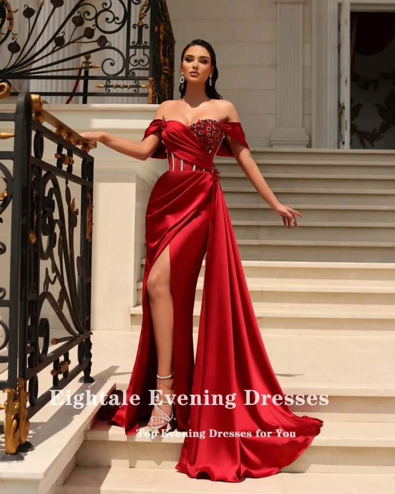 Eightale Elegant Evening Dress for Wedding Party Satin off the Shoulder Beaded Side Split Pleats Customized Red Prom Gowns