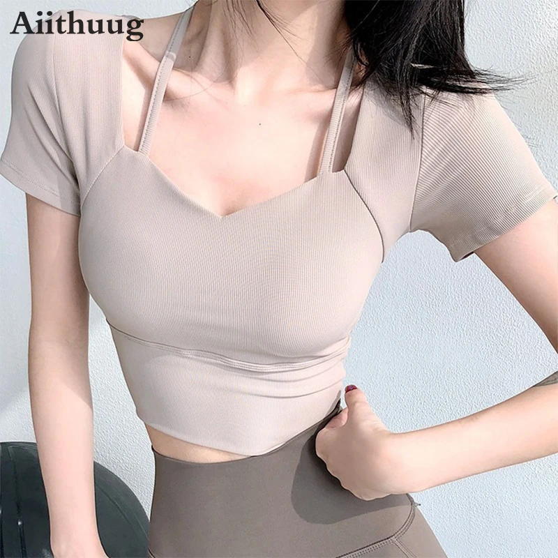 

Aiithuug Diamond Neckline Thin Shoulder Strap Yoga Tops with Built-in Cup Wide Elastic Hem Pilates Tight Fit Short Sleeves Suit