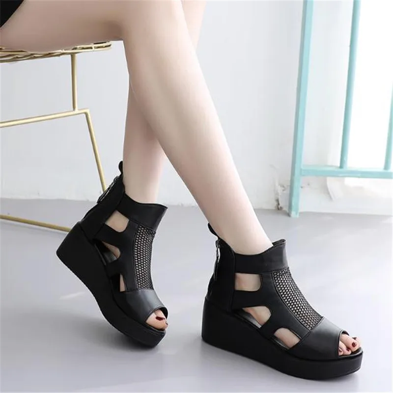 6cm Sandals women summer new fashion thick-bottomed breathable Eugene yarn mesh magic paste Roman sandals 34 42