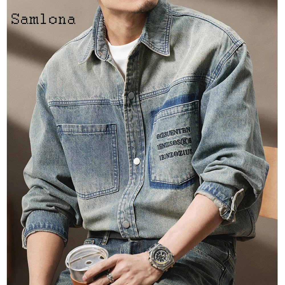 

2025 Men's Stand Pocket Casual Vintage Shirts Blouse Long Sleeve Basic Tops Lepal Collar Letter Shirt Clothing Plus Size S-7XL