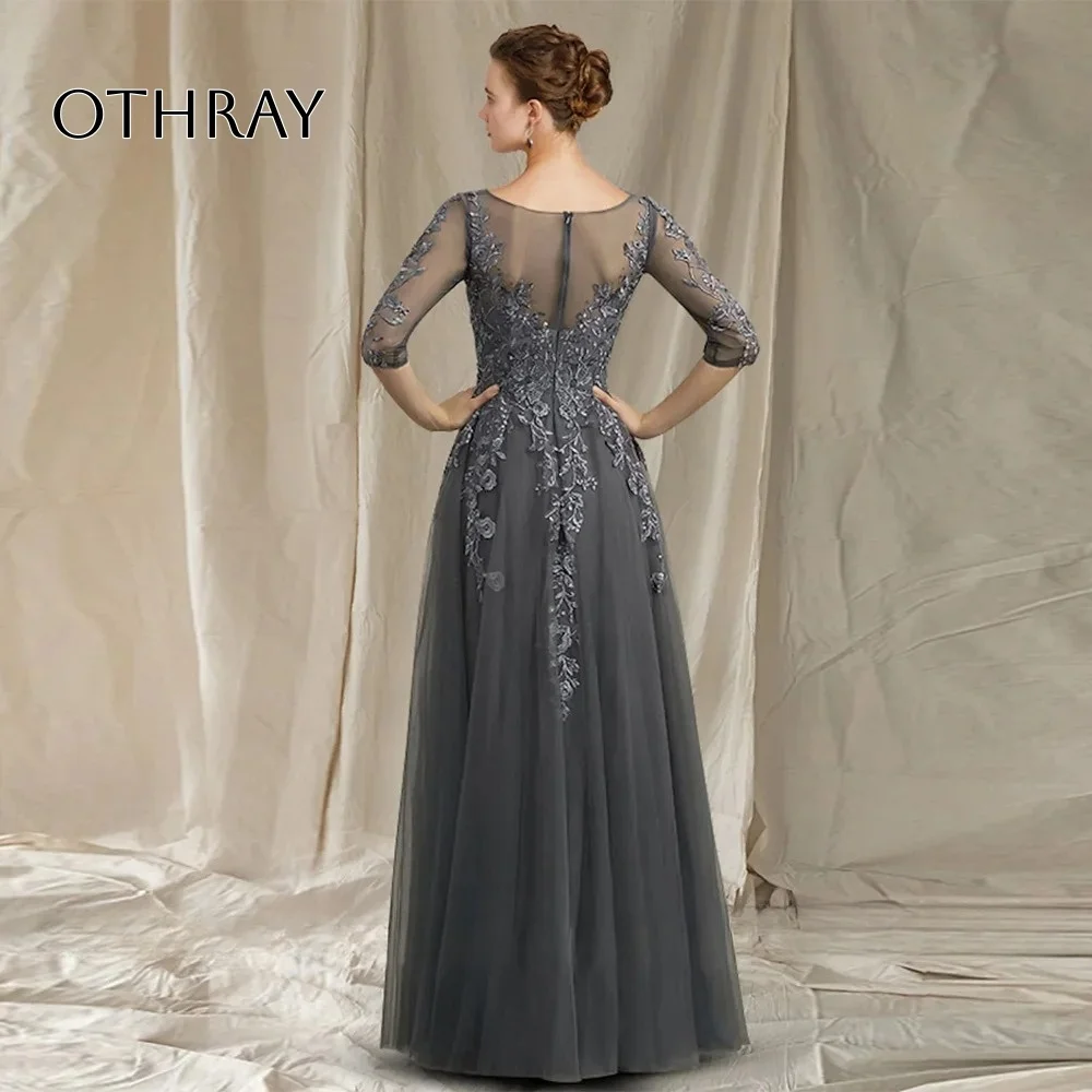 Half Long Sleeves V Neck A Line Applique Wedding Groom Mom Gowns Met Gala Party Elegant Grey Lace Mother Of The Birde Dresses