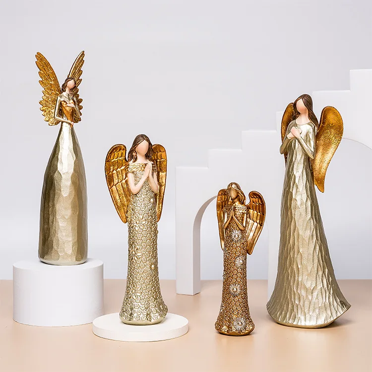 Nordic Light Luxury Golden Heart-Hugging Angel Statue Imitation Woodcut Statue Home Showcase Desktop Resin Crafts Small Ornament