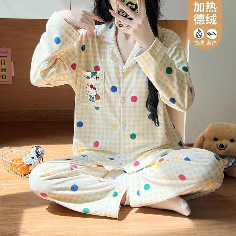 

Комплект домашней одежды Sanrio Hello Kitty: пижама, женская домашняя одежда, милый свободный комплект с длинными рукавами, кардиган с отложным воротником, осень-зима