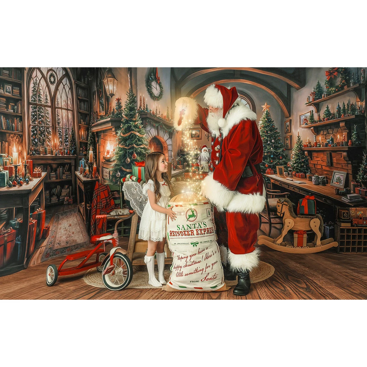 Christmas Background Winter Cabin Wrapping Room Photography Backdrop Santa Fireplace Xmas Tree Gift Decor Kid Photo Studio Props