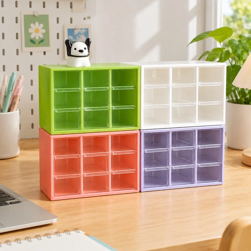Clear Plastic Desktop Storage Box with 9 Sections and Mini Drawers for Wall or Study Table Organization