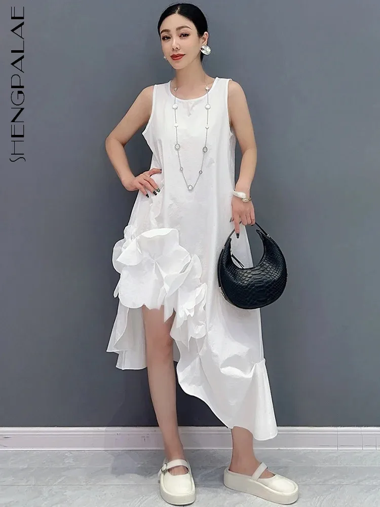 SHENGPALAE 2024 Summer New Fashione Stylish Dress For Women Korean Sleeveless Irregular Solid Color Robe Female Dresses 5C1235