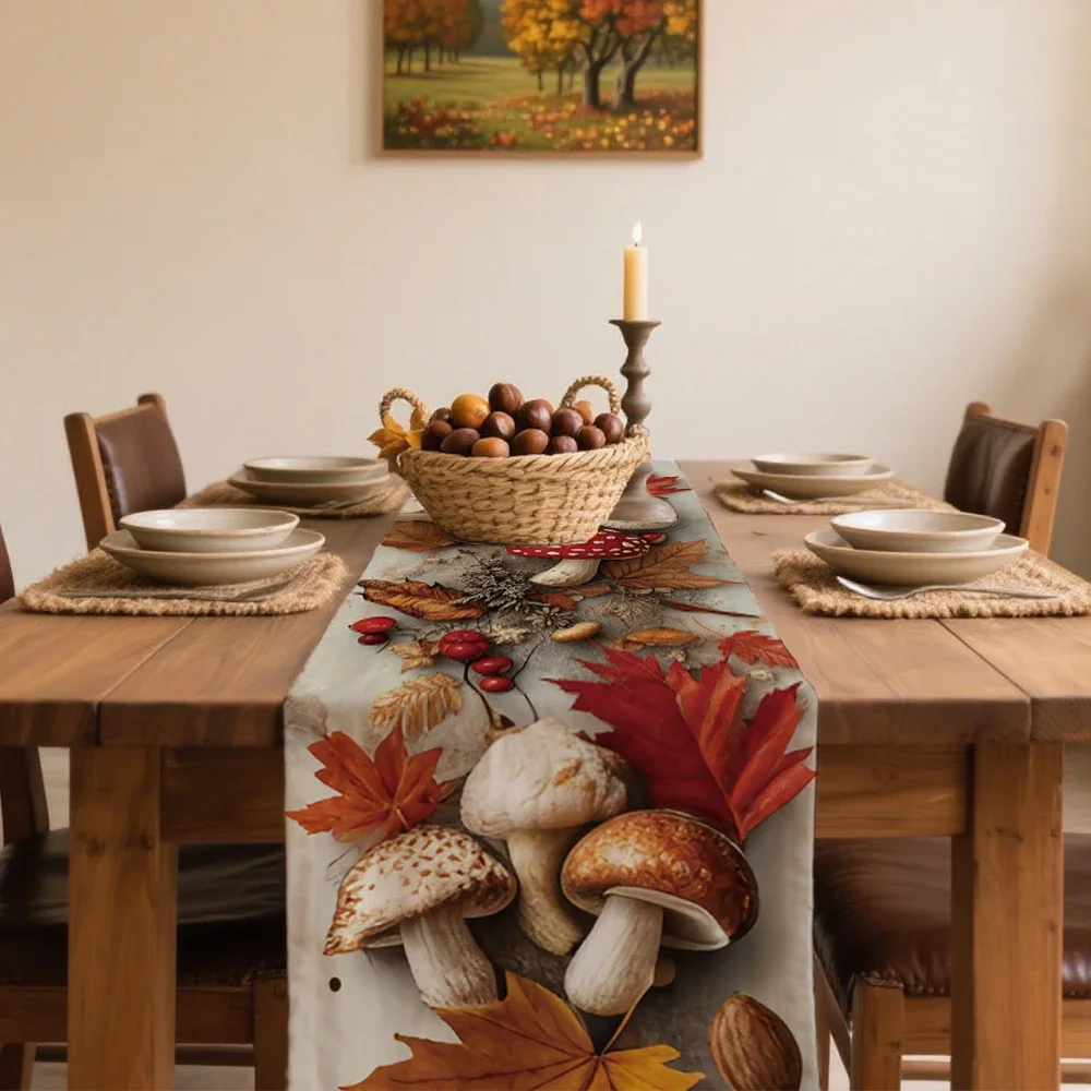 Autumn Mushroom Table Runner Autumn Jungle Harvest Thanksgiving Atmosphere Table Decor Maple Leaf Nut Berry Pattern Home Decor