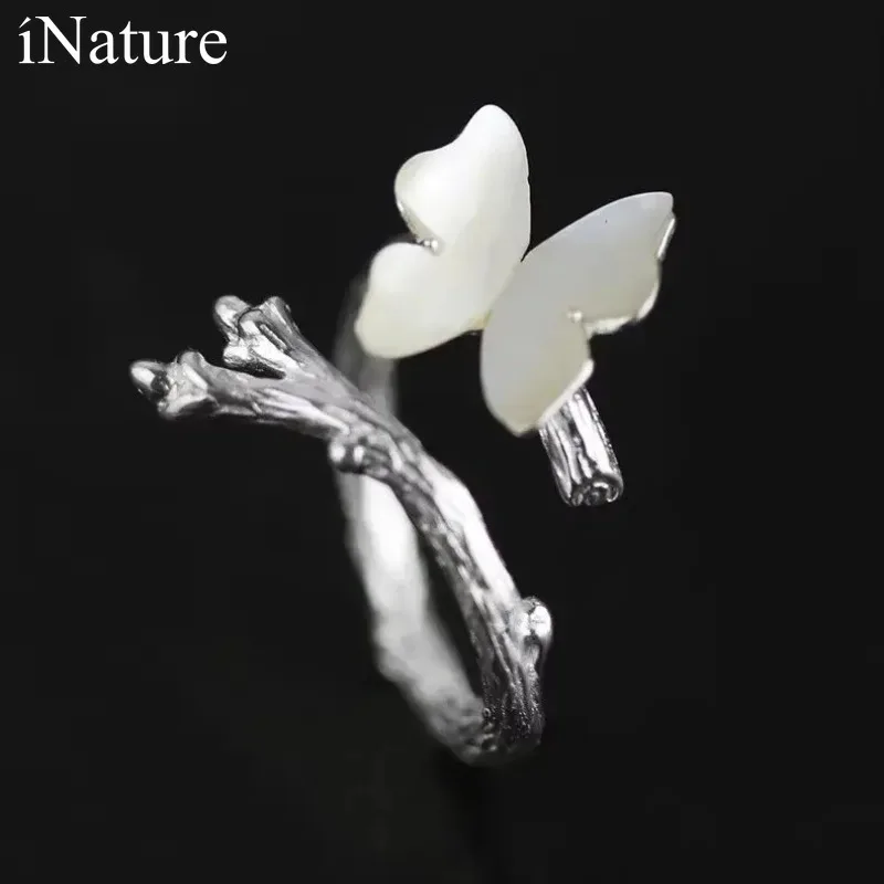 

iNature 925 Sterling Silver Natural Shell Butterfly on Branch Open Rings for Women Fine Jewelry Accessories
