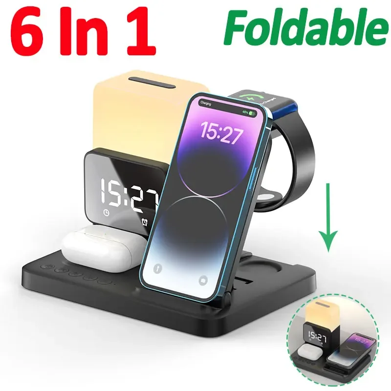 Foldable 6 in 1 Wireless Charger Stand Alarm Clock Lamp Fast Charging Docking Station for iPhone 14 13 12 X Pro Max Airpods Pro