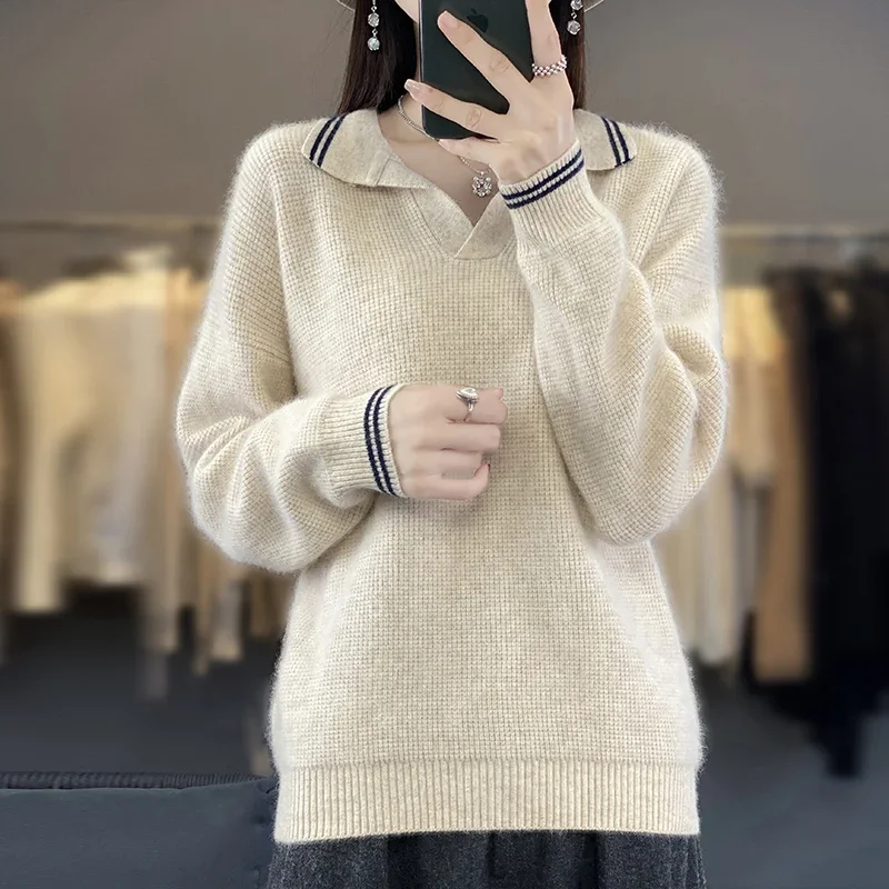 

Autumn Winter Turn-down Collar Knitted 100% Wool Sweater Women Fashion Casual Long Sleeve Tops Striped Warm Female Pullover Pull