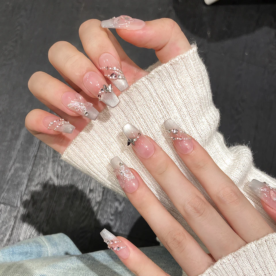 10 uñas press-on hechas a mano, rosadas con mariposa, francesas, ojo de gato, brillantes, coreanas 3