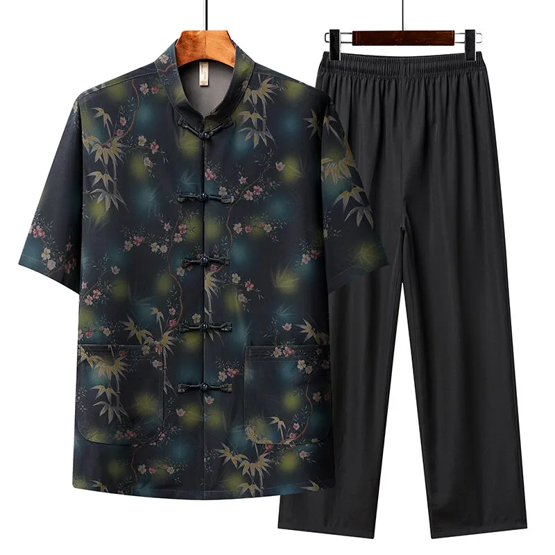 

2025 Summer New High Quality Men's Single breasted Short sleeved Shirt+Long Short Pants Middle aged and Elderly Stand up Collar