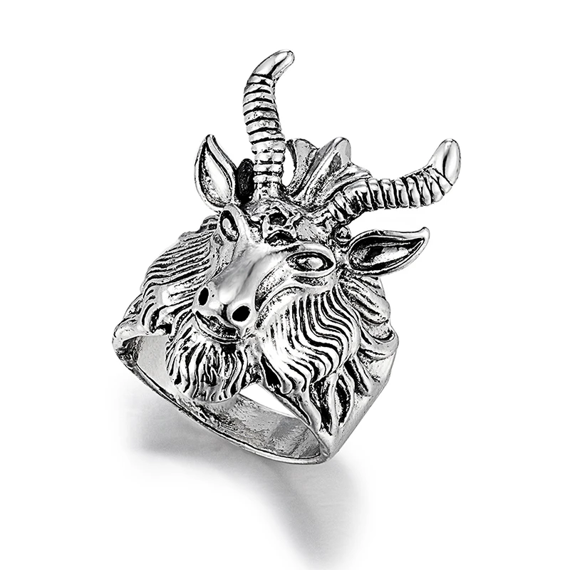 خاتم رجالي من خليط معدني برأس الماعز Baphomet ، مجوهرات بانك قوطي خماسي شيطاني ، خاتم هيب هوب للدراجات النارية بلون فولاذي لهدايا ماني