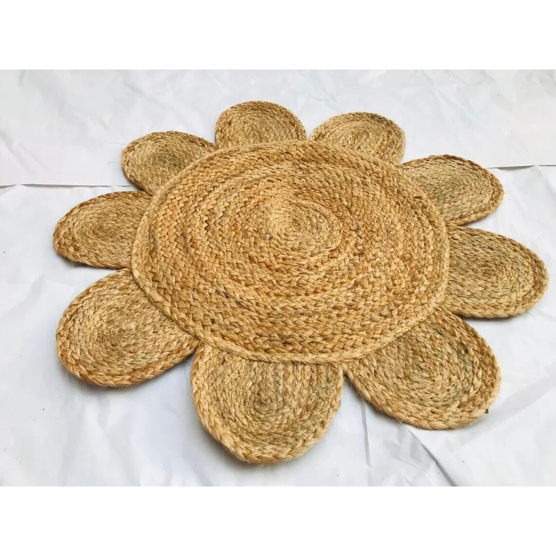 

Natural Jute Braided Round Rugs Scalloped Decorative Pastoral Style Home Living Room Carpet