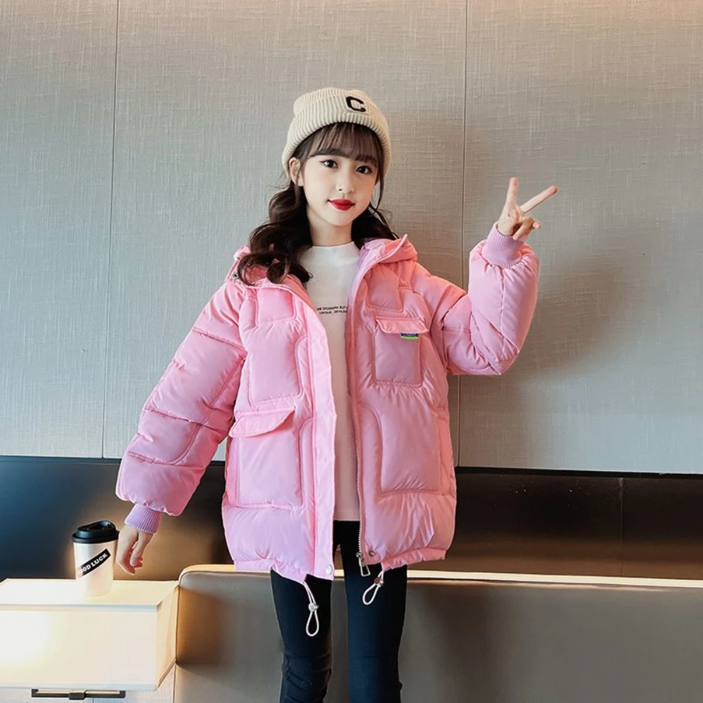 

Fashion New Girls Casual Solid Hooded Zipper Down Cotton Padded Full Sleeves Pockets Design Coats Warm Thicken Korean Outerwear