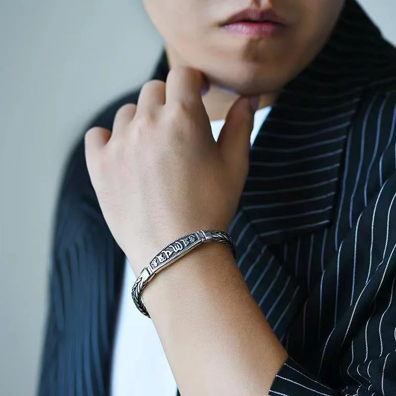 Wholesale S925 Silver Bracelet Men's Six-Character Mantra Woven Thai Silver Ladies Retro Vintage Jewelry Bangle Birthday Gift