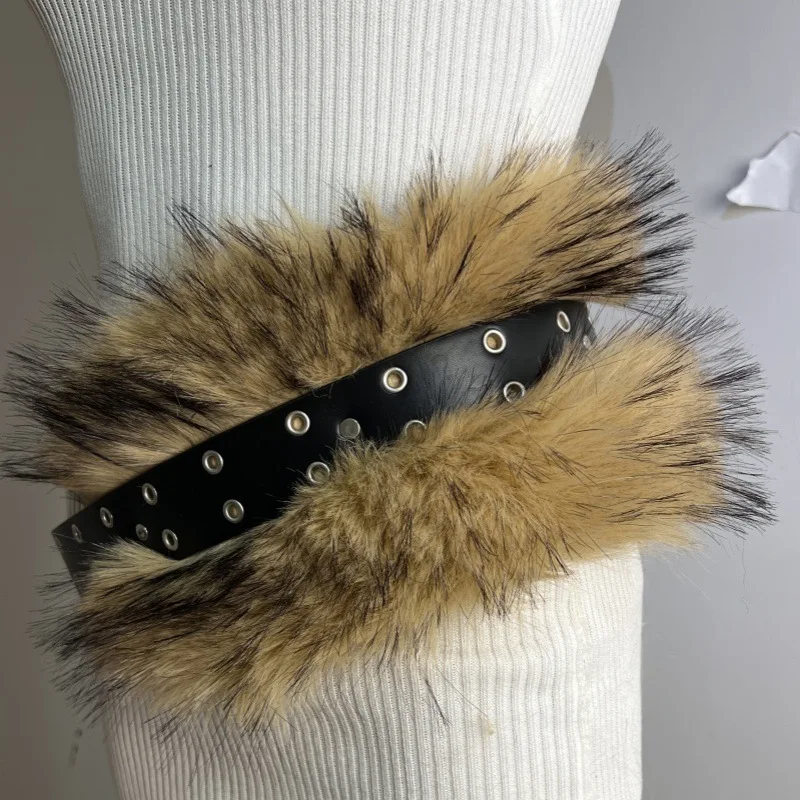 Vintage PU Belts Personalized Punk Faux Fur Belt Hiphop Heavy Metals  Buckle Plush Splicing Primitive Design Y2K Leather Belt