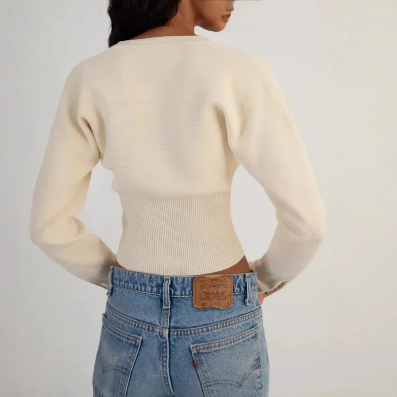 High Waist Women's Round Neck Single Button Knitwear Short Style Inner Wear Thin Sweater Trendy Design Casual Top