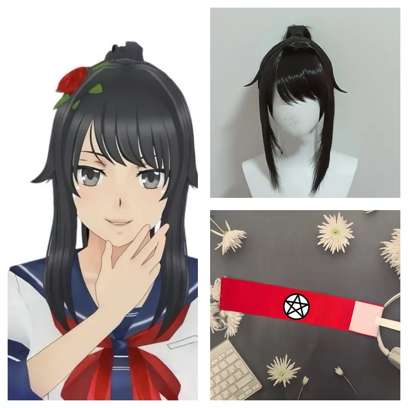Styled Ayano Aishi Cos Wig Heat Resistant Synthetic Hair Ayano Aishi Black Cosplay Wigs Anime Medium + Wig Cap