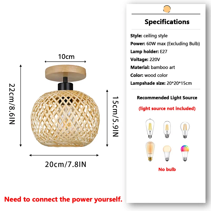 Bamboo Pendant Lamp Lustre Chandelier Hanging Lamp Handmade Rattan Pendant Light Fixture Restaurant Dining Room Indoor Lighting