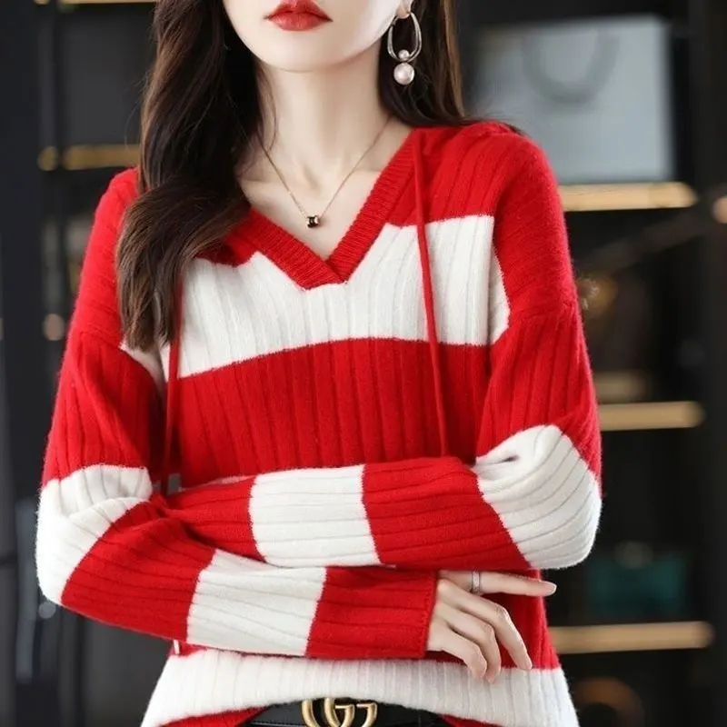 Frühling Herbst Kapuze gestreifte Pullover weibliche Kleidung lässig Langarm Mode Kordel zug koreanische lose gespleißte Strick pullover