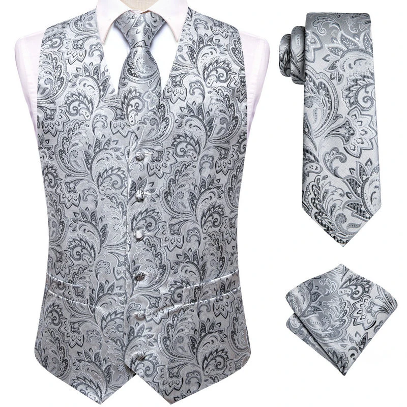 VerveRow Men Paisley Waistcoat Tie Pocket Square Set, V Neck Formal Suit Vest 3PCS for Wedding Party