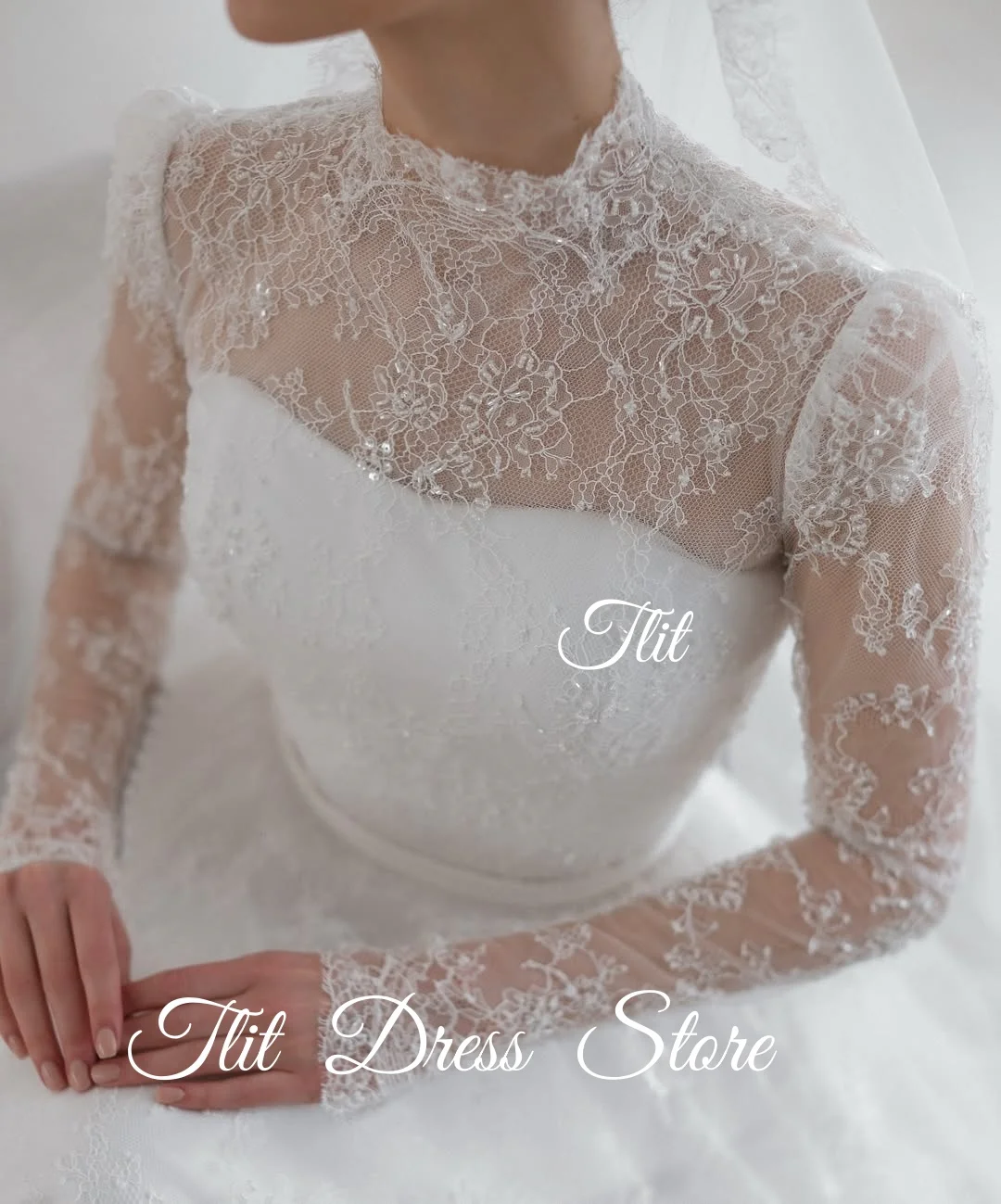 TLIT Luxurious White Lace A-Line Wedding Dresses Customized O-Neck  فساتين زفاف Long Lace Sleeves Bridal Gowns