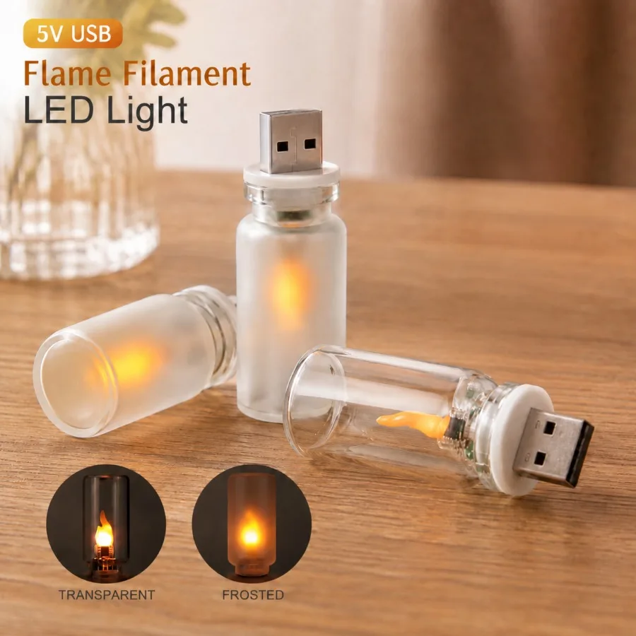 5V USB Flame Filament LED Light Mini Bottle Simulation Flame Effect Lamp Transparent Frosted Cover Night Light for Home Decor