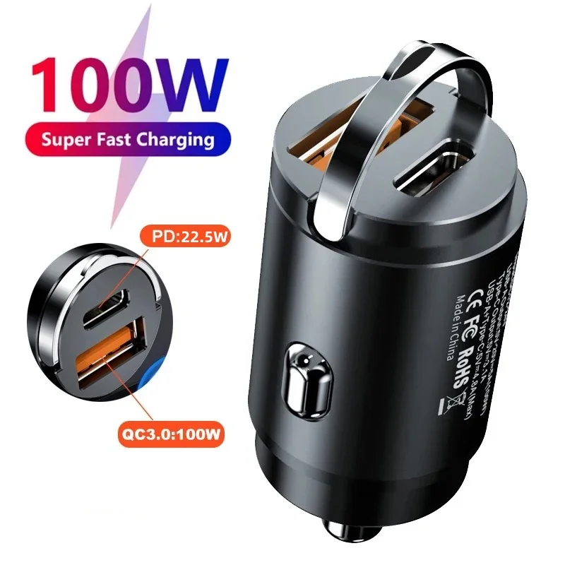 100W Car Charger PD Type-C Quick Charge QC3 For Iphone Huawei Xiaomi Samsung 12-24V Car Fast Charging USB Phone Mini Charger