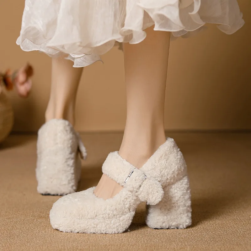 

Fashion 7cm 9cm Thick High Heels Pumps Women Mary Jane Shoes Dress Sexy Party Elegant Winter Warm Plush Lambswool Stilettos