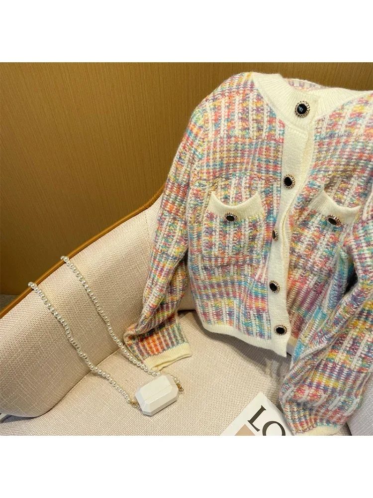 Autumn Korean Vintage Loose Rainbow Striped Knitted Cardigan Sweater Women Long Sleeve Mixed Color Single Breasted Pockets Tops