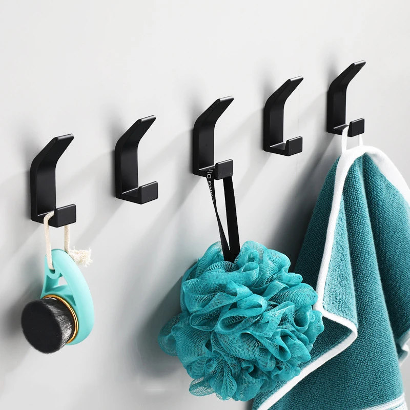 No Drilling Double Hook Black White Robe Towel Hook for Bathroom Clothes Coat Hook Livingroom Kitchen Organizer Hook Accessories