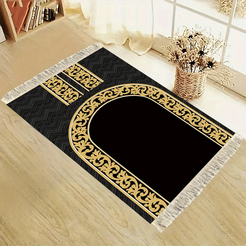 VIKAMA Black and Gold Minimalist Muslim Prayer Mat – For Home, Travel and Mosques – Washable Islamic Prayer Rug