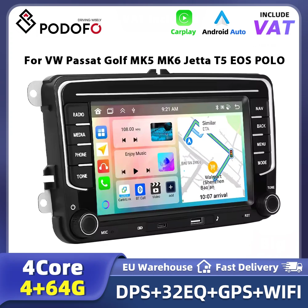 Lecteur multimédia Android 7 pouces Podofo pour VW Volkswagen Seat Skoda POLO BORA GOLF PASSAT 2Din autoradio GPS BT EQ FM/RDS