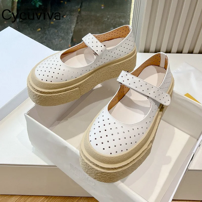 

Summer Women's Flat Casual Shoes Thick Sole Platform Sneakers Casual Loafers Lace Up Hollow Out Leather Shoes Women