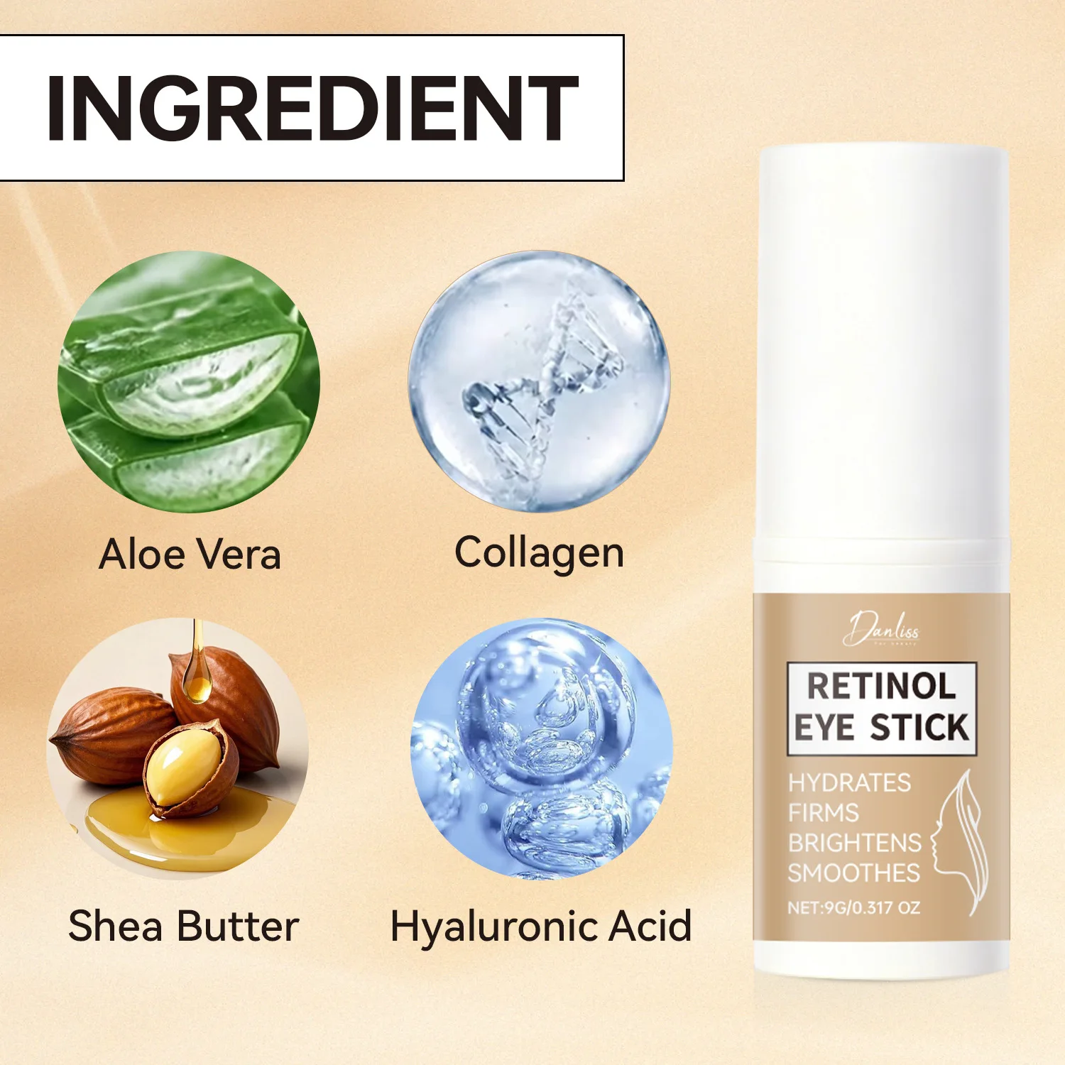 Retinol Eye Stick, Hydrates, Firms, Brightens, Smoothes, Aloe Vera, Collagen, Shea Butter, Hyaluronic Acid, Anti-Aging Eye Care.