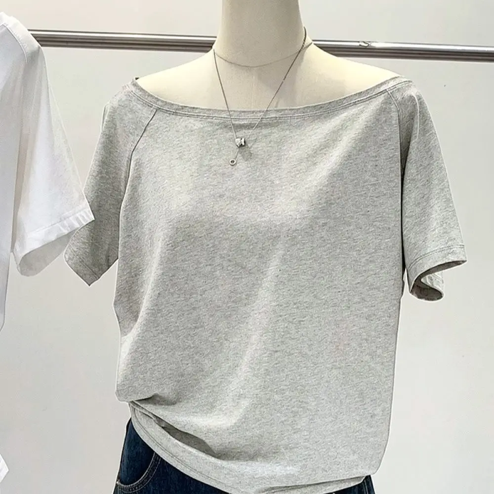 Casual Cotton Long Sleeve T Shirt Women Slash Neck Solid Color Blouse Loose Fitting Elegant Pullover Spring Winter Tops