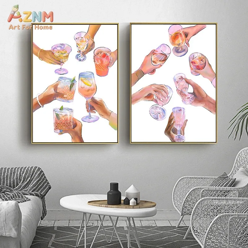 AZNM Cheers Cocktail Hands Canvas Wall Art Colorful Drink Toast Painting Print Bar Kitchen Aesthetic Home Decor Unframed