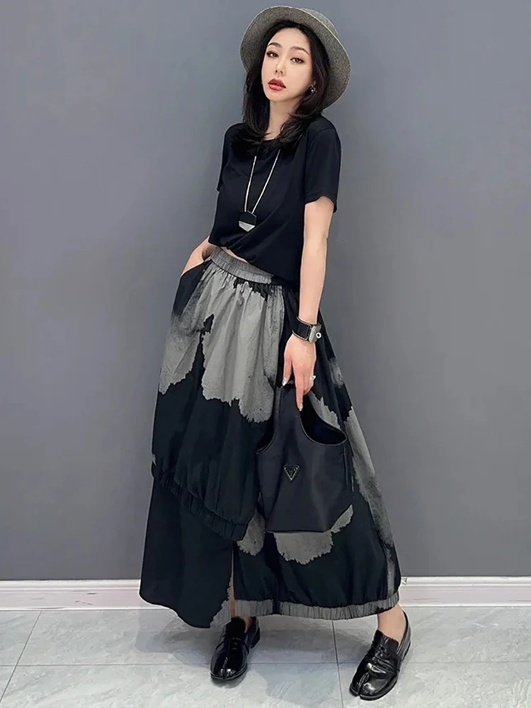 SHENGPALAE Irregular Patchwork Skirt For Women Fashion Contrast Color Niche Design Elastic Waist Skirts Spring 2024 New 5R2393