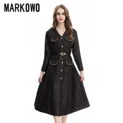 MARKOWO Desinger Brand 2023 Vintage light luxury fragrance black gold woven tweed thin dress single breasted long sleeve coat