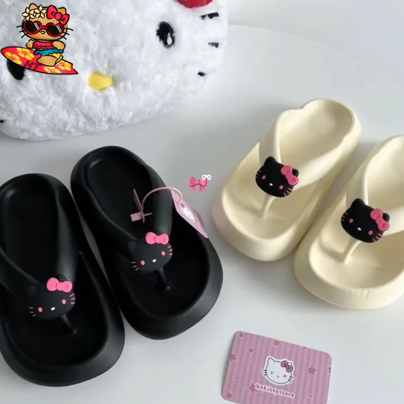 Black Hello Kitty Cartoon Kawaii Summer Slippers Platform Flip-flops Outside Wear Bathroom Non-slip Beach Woman Sandals Beach