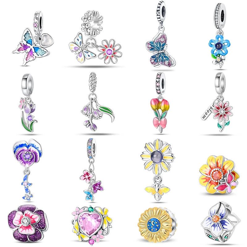 S925 Sterling Silber Schmetterling Blume Lebendige Bunte Serie Charms Perlen Fit Pan Original Armbänder DIY Geschenke Edlen Schmuck